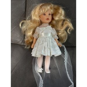 Porcelain Doll Bride Wedding Veil Lace Dress Blonde Curly Hair Collectible